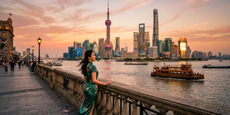 Woman in green dress overlooking Shanghai's illuminated skyline at sunset