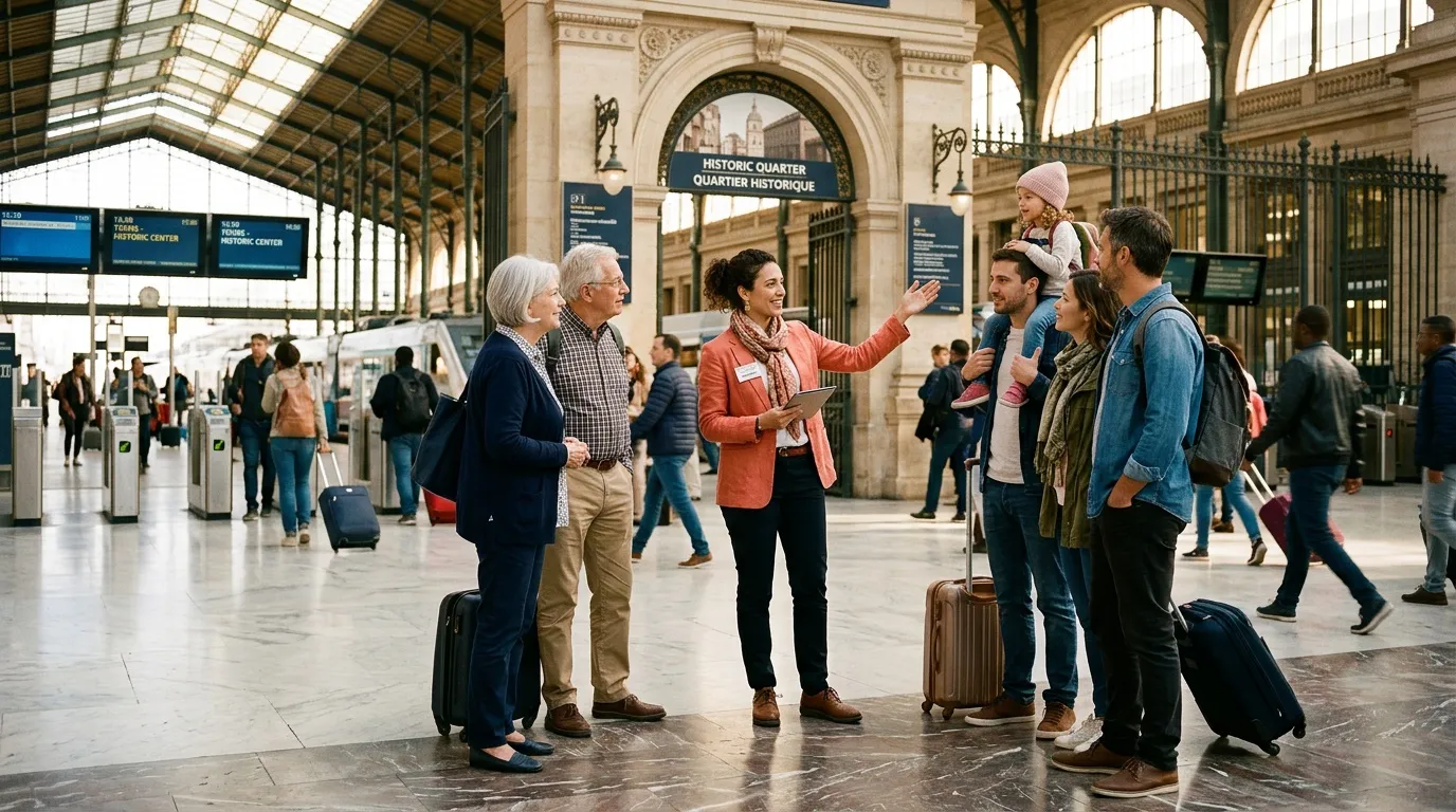 Tour guide conducting group at train station historic quarter