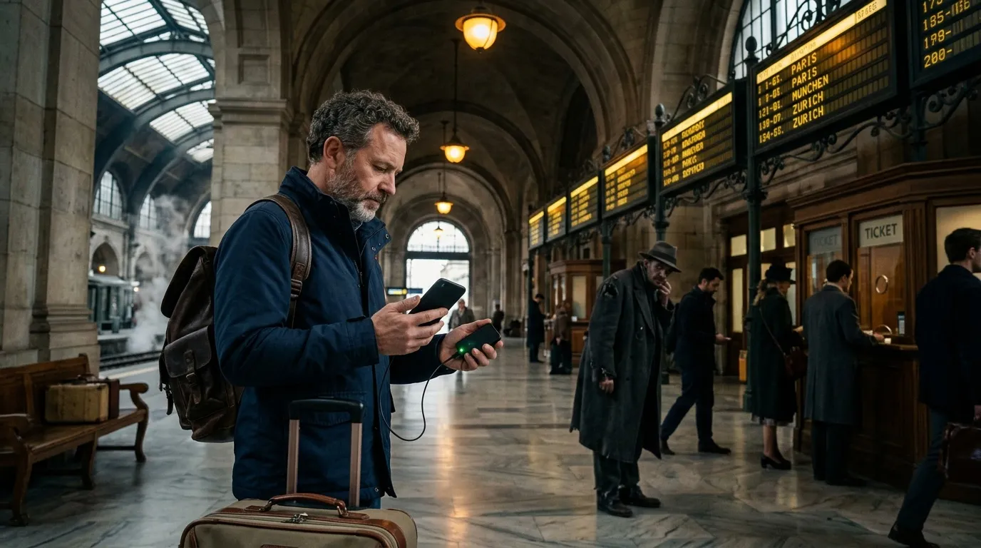 Man with luggage checking phone in train station hall