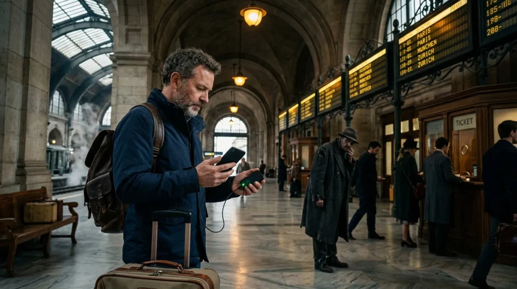 Shanghai : guide complet pour vos vacances voyageur consultant son téléphone a la gare